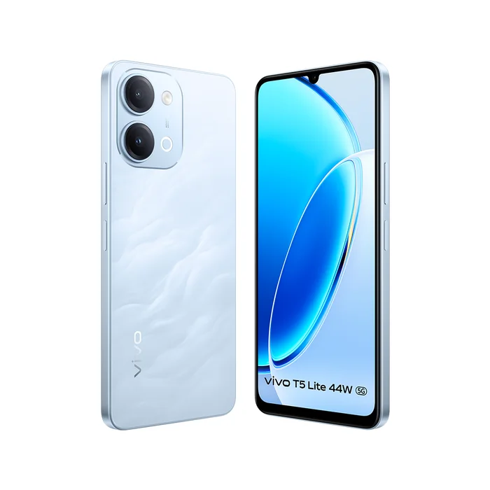 Vivo T5 Lite 5G in Wave Blue, angled back and front views