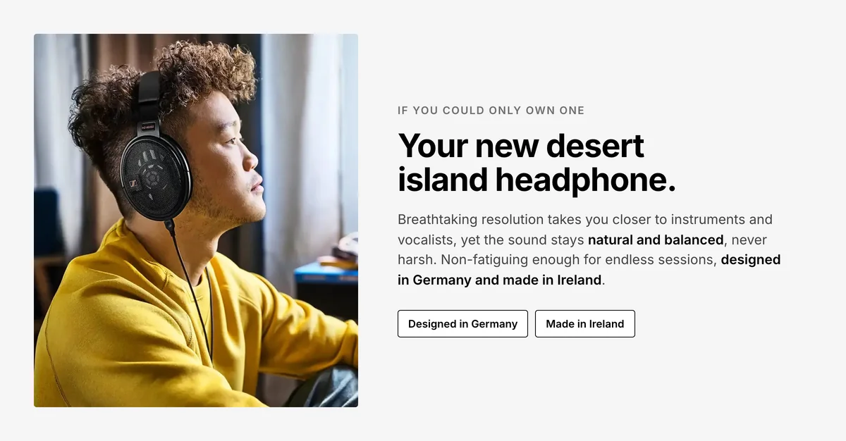 Listener wearing Sennheiser HD 660S2 headphones, designed in Germany and made in Ireland
