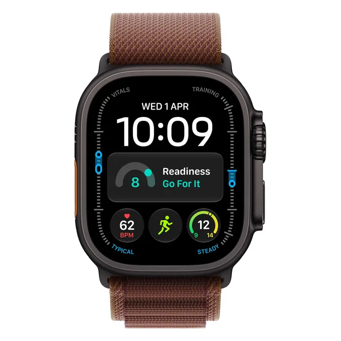 Apple Watch Ultra 4 in Black Titanium with the Burgundy Alpine Loop, front view with the watch face on