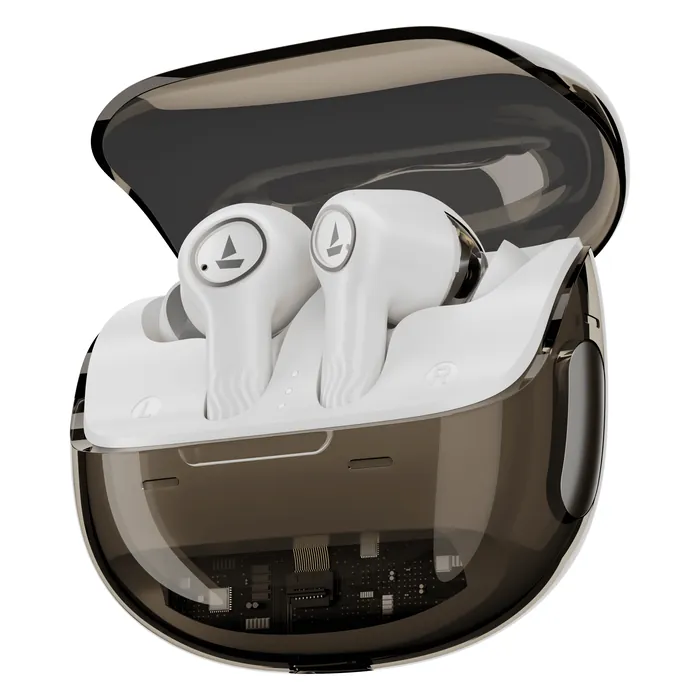 boAt Nirvana Crystl true wireless earbuds in White Lustre, earbuds in the see-through Crystl charging case