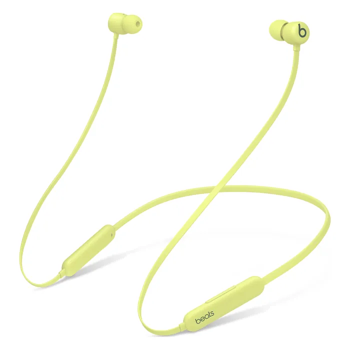 Beats Flex wireless neckband earphones in Yuzu Yellow, angled view of the neckband and earbuds
