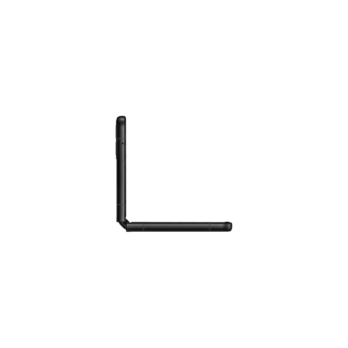 Samsung Galaxy Z Flip 3 in Phantom Black, half open at a right angle, side view of the hinge