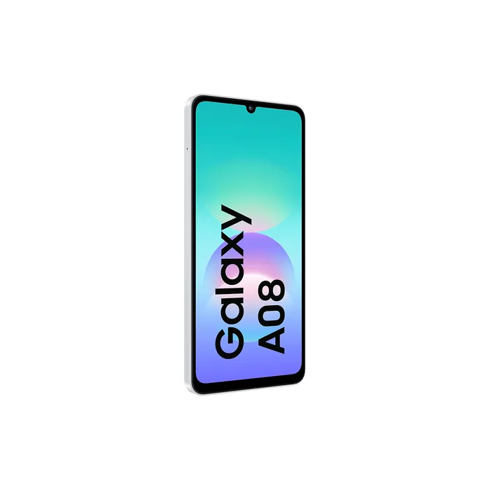 Samsung Galaxy A08 4G in Silver, angled front view from the other side