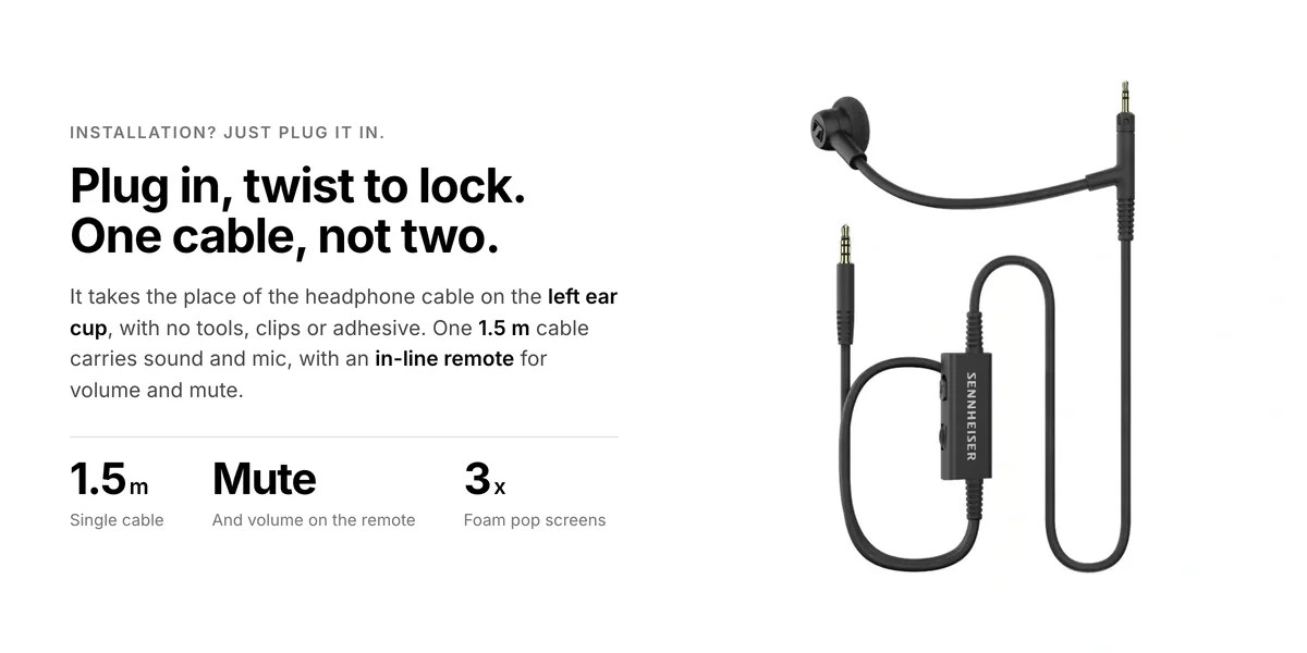 Sennheiser HD 500 BAM boom mic with 1.5 m cable and in-line volume and mute remote, plug in and twist to lock