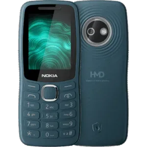 Nokia 123 Shield in Green, front view with the 2.4-inch screen and keypad, next to the textured back with the camera and HMD logo