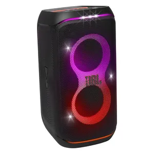 JBL PartyBox Club 120 portable party speaker in Black, angled front view with the light show on