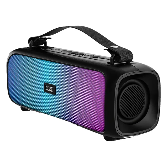 boAt Stone 580 portable Bluetooth speaker in Midnight Black, angled view with the RGB panel lit