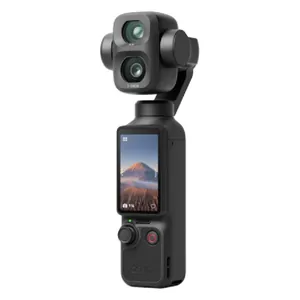 DJI Osmo Pocket 4P Vlog Combo Dual-Camera Gimbal Vlogging Camera with DJI Mic Mini 2, angled front view with the touchscreen on