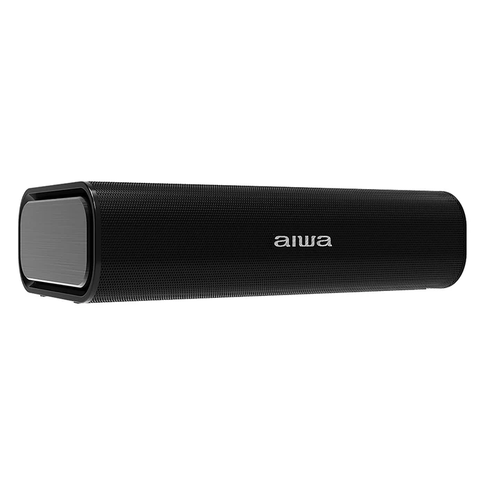 Aiwa SB-X350A portable Bluetooth speaker in Black, angled front view with aluminium end panel