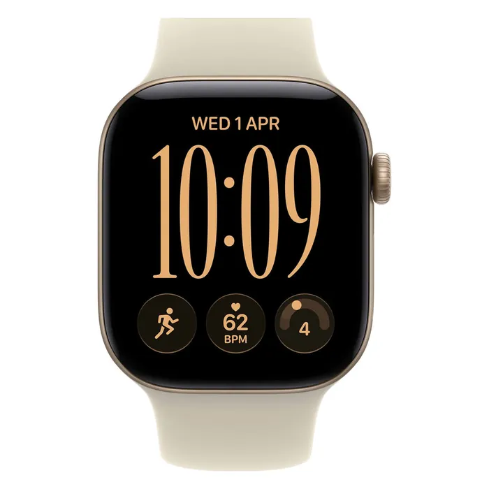 Apple Watch Series 12 42mm in Light Gold Aluminium with the Sand Sport Band, front view with the watch face on