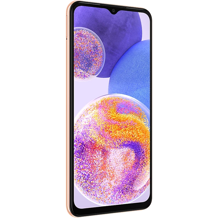 Samsung Galaxy A23 4G in Orange, front view at an angle