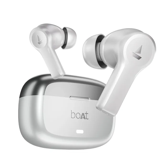 boAt Nirvana Lucid true wireless earbuds in Zinc White, earbuds beside the charging case