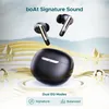 boAt Airdopes 141 ANC true wireless earbuds in Gunmetal Black, earbuds above the charging case, boAt Signature Sound and Balanced EQ modes