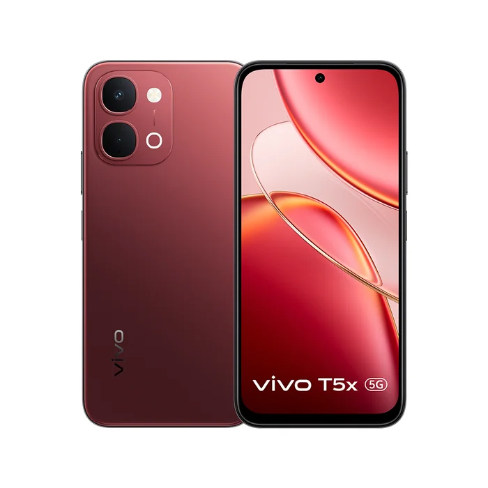 Vivo T5x 5G in Fusion Red, front and back views