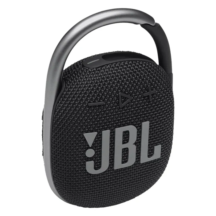JBL Clip 4 portable Bluetooth speaker in Black, angled front view
