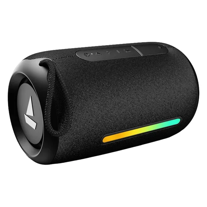 boAt Stone 358 Pro portable Bluetooth speaker in Raging Black, angled view with the RGB light bar on