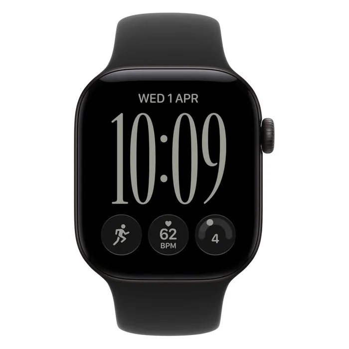 Apple Watch Series 12 42mm in Black Aluminium with the Black Sport Band, front view with the watch face on