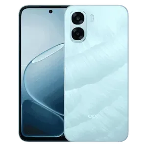 OPPO A6x 5G in Ice Blue, back and front views