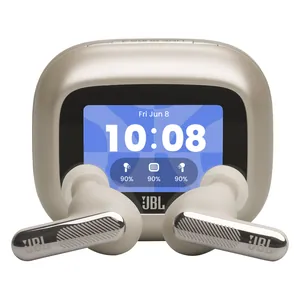 JBL Live Beam 4 noise cancelling earbuds in Sand, earbuds in front of the touchscreen charging case
