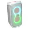 JBL PartyBox Club 120 portable party speaker in White, angled front view with the light show on