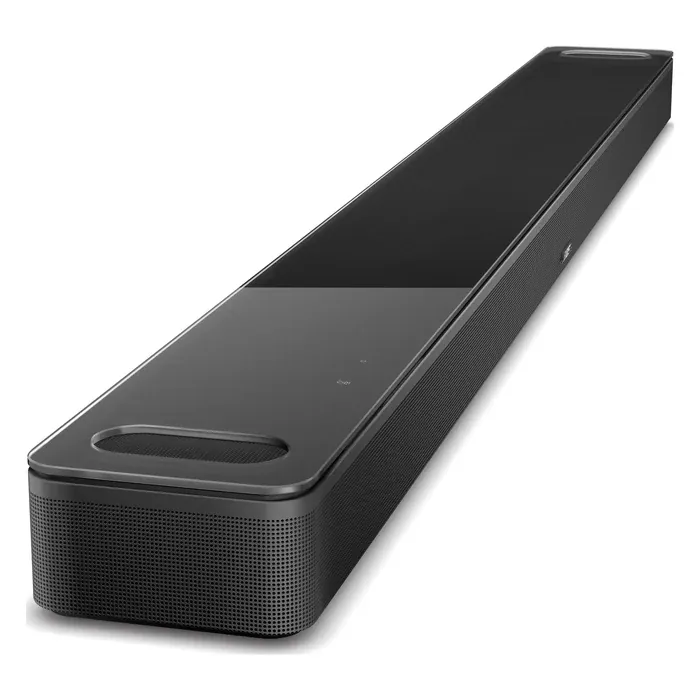 Bose Smart Ultra Soundbar with Dolby Atmos in Black, angled view of the glass top and front grille