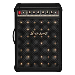 Marshall Bromley 450 portable Bluetooth party speaker in Black and Brass, front view with the stage lights on