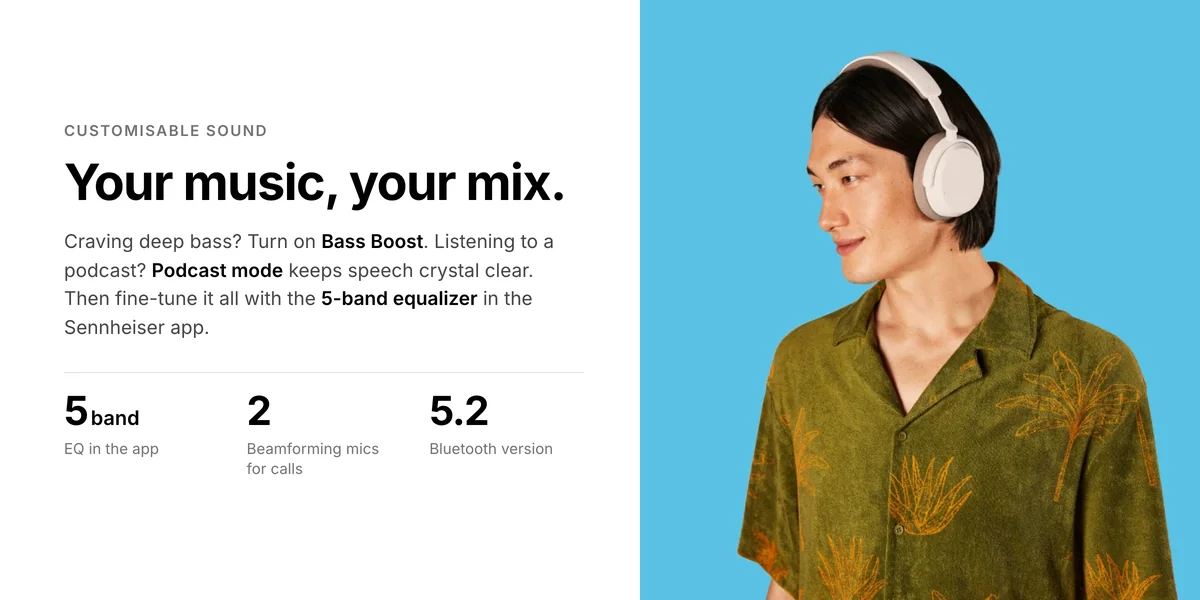 Sennheiser Accentum Wireless Bass Boost, Podcast mode, 5-band EQ, two beamforming mics, Bluetooth 5.2