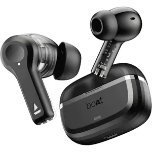 boAt Nirvana Space true wireless earbuds in Cosmic Black, earbuds beside the charging case