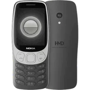 Nokia 3210 4G in Grunge Black, front view with the 2.4-inch screen and keypad, next to the back with the 2MP camera