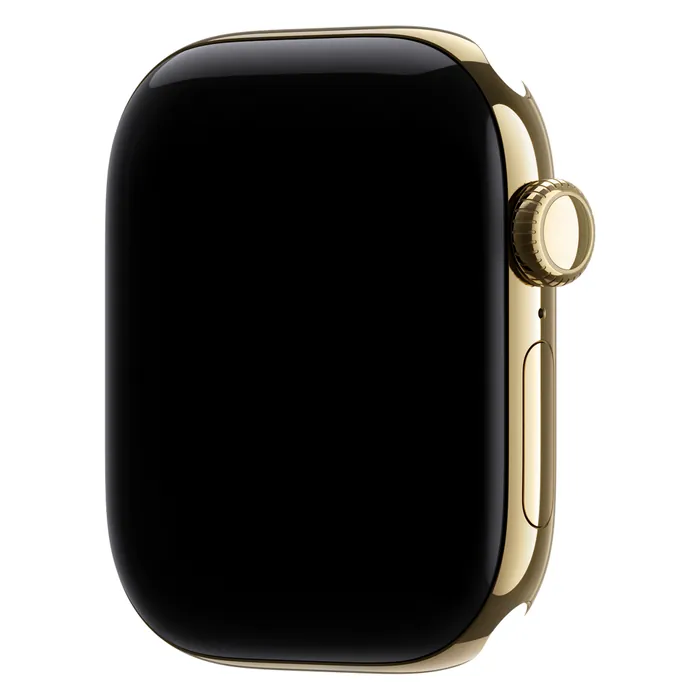 Apple Watch Series 12 42mm Radiant Gold Titanium case on its own, showing the Digital Crown and side button