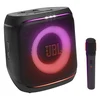 JBL PartyBox Encore 2 Bluetooth party speaker in Black, angled front view with the lightshow on and wireless mic