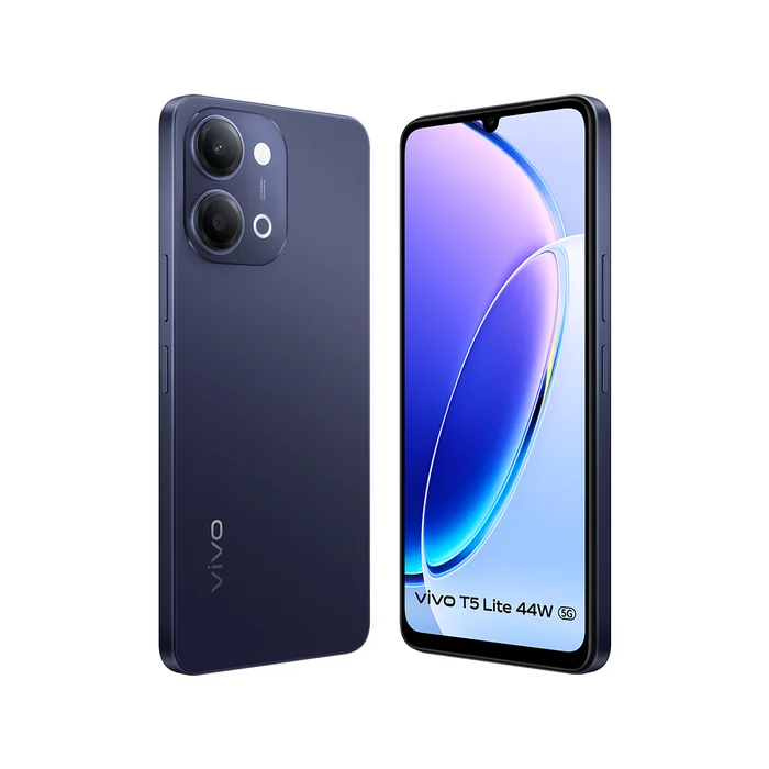 Vivo T5 Lite 5G in Twilight Shadow, angled back and front views