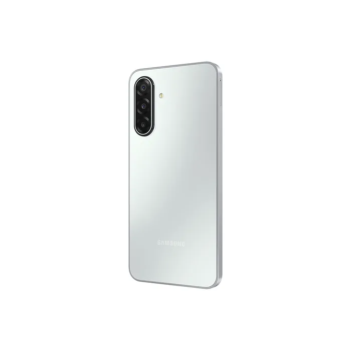 Samsung Galaxy M17 5G in Moonlight Silver, angled back view from the other side, showing the triple camera