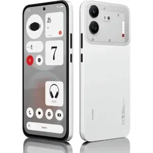Nothing Phone (4b) in White, back and front views side by side, showing the dual camera, the Glyph Bar and the home screen