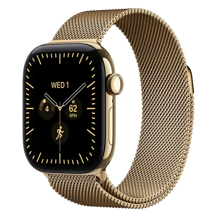Apple Watch Series 12 42mm in Radiant Gold Titanium with the Radiant Gold Milanese Loop, three-quarter view with the watch face on