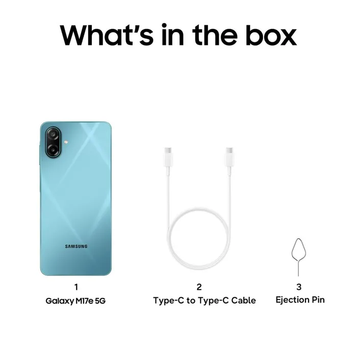 What's in the box: Galaxy M17e 5G in Blitz Blue, USB Type-C to Type-C cable and ejection pin