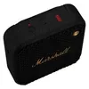 Marshall Willen portable Bluetooth speaker in Black and Brass, angled top view with Bluetooth button, microphone and battery indicator