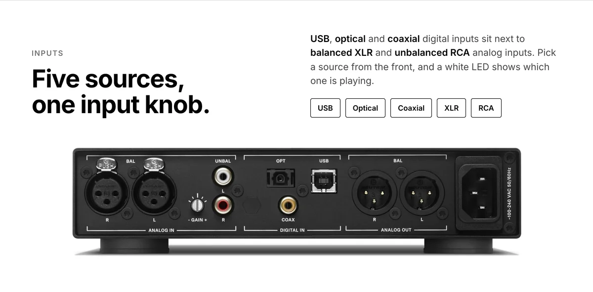 Sennheiser HDV 820 back panel with USB, optical, coaxial, balanced XLR and unbalanced RCA inputs