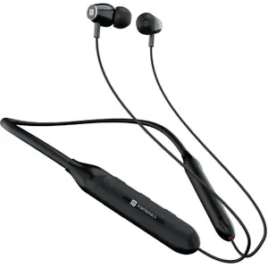 Portronics Harmonics Z7 in Black, angled view of the neckband and earbuds