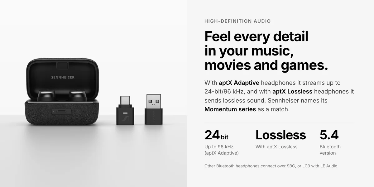 Sennheiser BTD 700 next to a Momentum True Wireless 4 case, aptX Adaptive up to 24-bit/96 kHz and aptX Lossless
