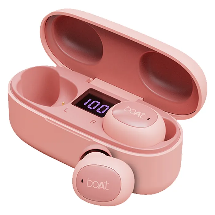 boAt Airdopes 121 v2 true wireless earbuds in Pink, earbuds with the open charging case and LED battery display