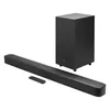 JBL Bar 2.1 Essential soundbar with wireless subwoofer in Black, soundbar, subwoofer and remote, angled view