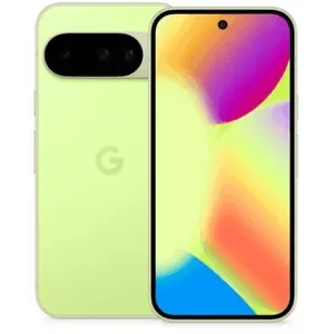 Google Pixel 10 in Lemongrass, back and front views side by side, showing the camera bar and the 6.3-inch screen