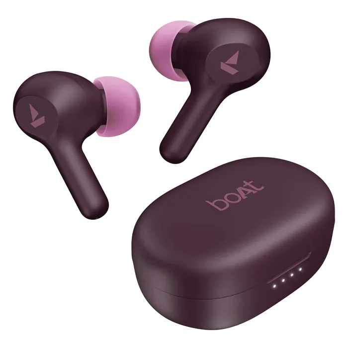 boAt Airdopes 71 true wireless earbuds in Maroon Lush, earbuds and charging case