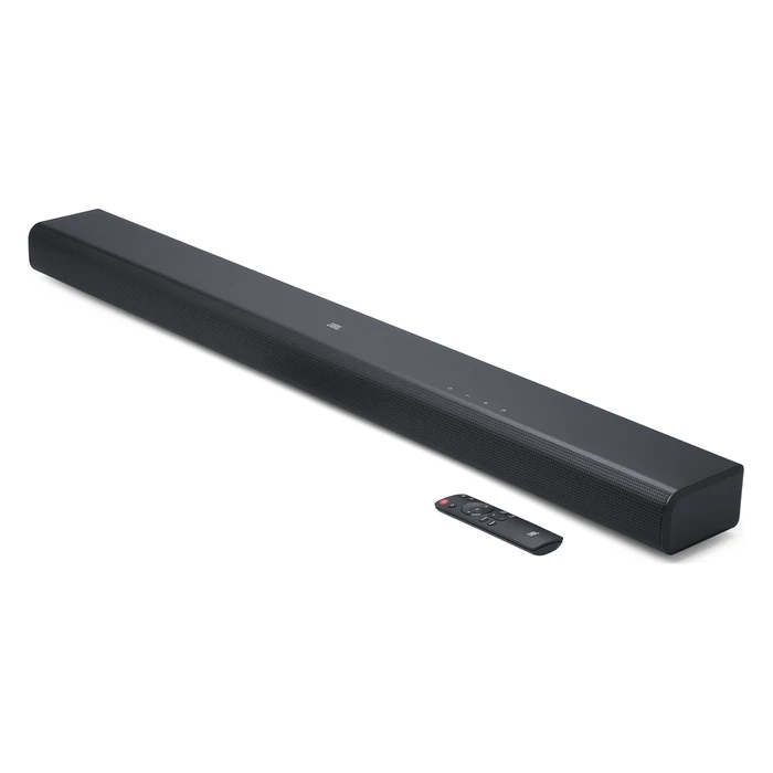 JBL Cinema SB510 3.1 channel soundbar in Black, angled front view with remote