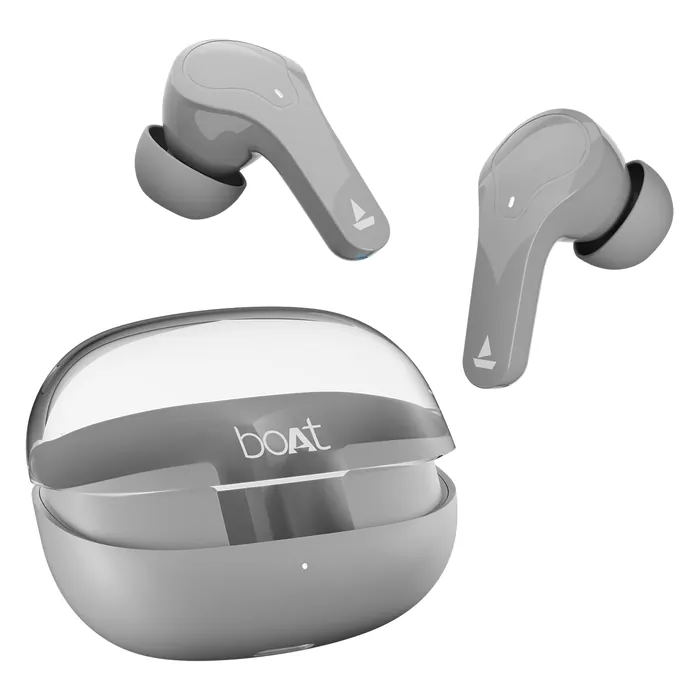 boAt Airdopes 311 Pro true wireless earbuds in Space Grey, earbuds above the charging case with its transparent lid