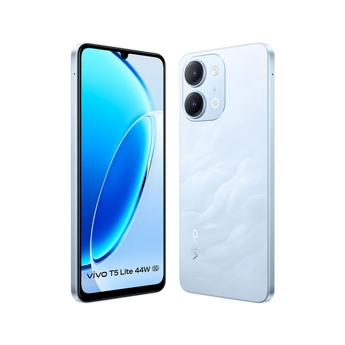 Vivo T5 Lite 5G in Wave Blue, angled front and back views
