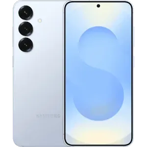 Samsung Galaxy S25 in Icyblue, back and front views side by side, showing the triple camera and the 6.2-inch screen