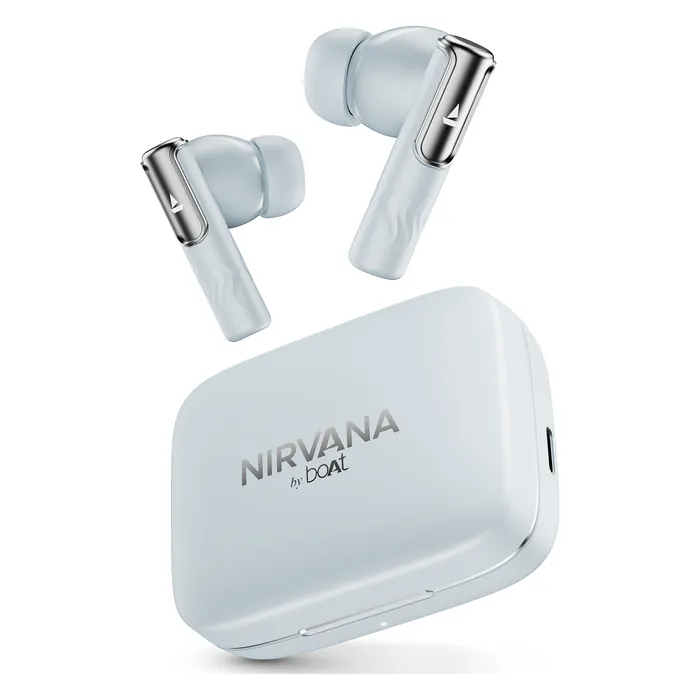 boAt Nirvana Ivy true wireless earbuds in Quartz Cyan, earbuds and charging case
